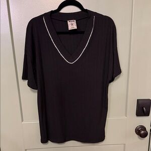 Vocal Black V-Neck Short Sleeve Top with Rhinestone Trim